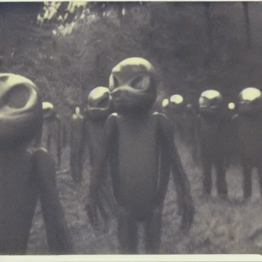 Image similar to polaroid photograph of horrorific alien beings visiting earth, 1 9 5 0