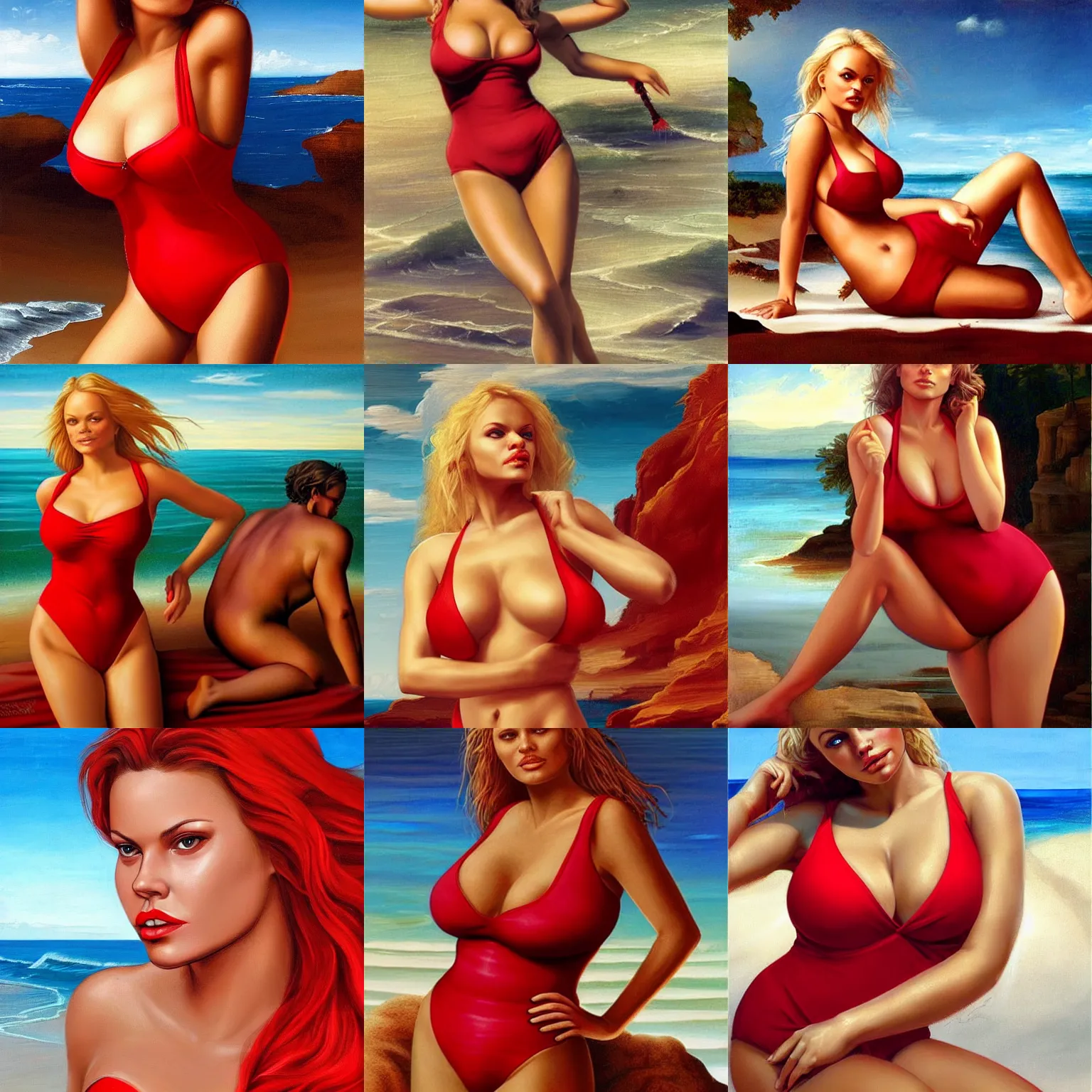 Prompt: young curvy pamela anderson in red swimsuit on a beach, renaissance painting, face by artgerm, highly detailed fine art