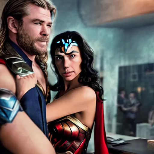 Prompt: cinematic film scene of wonder woman gal gadot and Thor Chris Hemsworth having a cocktail happy in a party, MCU, photo realistic, ultra detailed, trending on art station, concept art, hyper real, unreal engine render, 16k