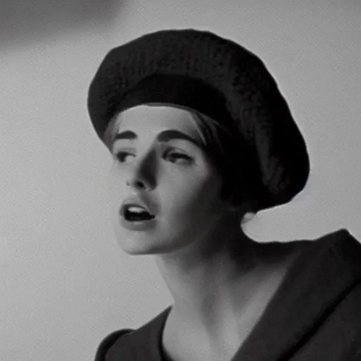 Prompt: still from a masterpiece 1 9 6 0 s french art film, very beautiful and elegant girl in beret with large eyebrows with an angry expression while talking to a man, moody lighting, viewed from afar, cinematic shot, the movie is in color, communist aesthetic