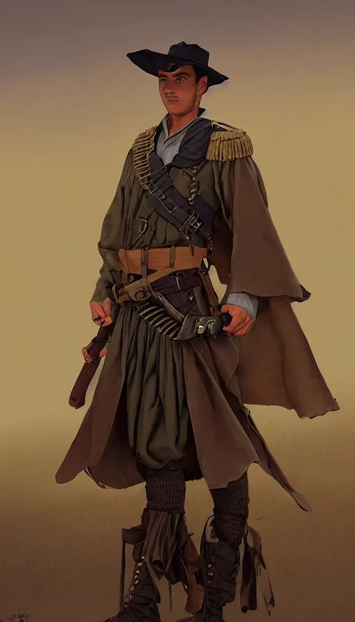 Image similar to steady gaucho poncho, xix century military outfit, desert storm background, intricate, highly detailed, digital painting, artstation, concept art, sharp focus, illustration, art by Artgerm, Grafit Studio, and Greg Rutkowski, Craig Mullins, Makoto Shinkai, Stanley Artgerm Lau, WLOP, Rossdraws, James Jean, Andrei Riabovitchev, Marc Simonetti, krenz cushart, Sakimichan, D&D trending on ArtStation, digital art - W 700