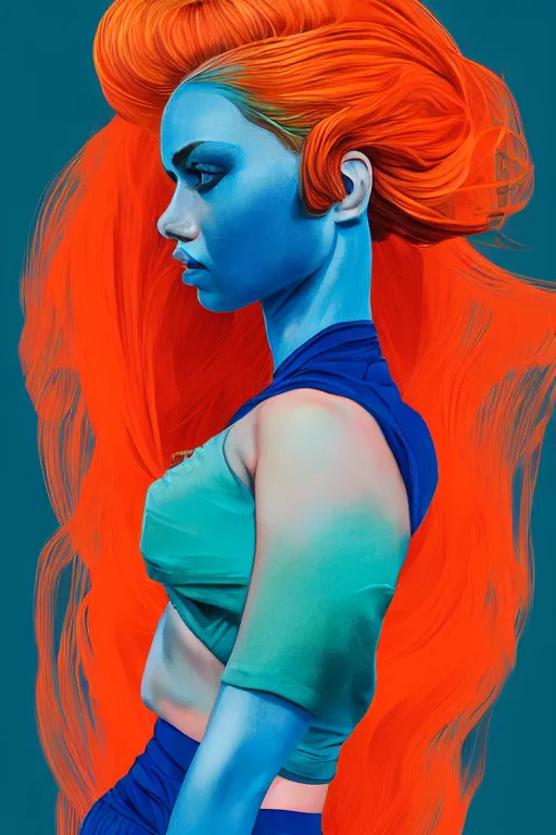 Image similar to a award winning half body portrait of a beautiful caucasian woman in a croptop and cargo pants with ombre orange blue teal hairstyle with head in motion and hair flying by martine johanna, outrun, vaporware, digital art, trending on artstation, highly detailed, fine detail, intricate