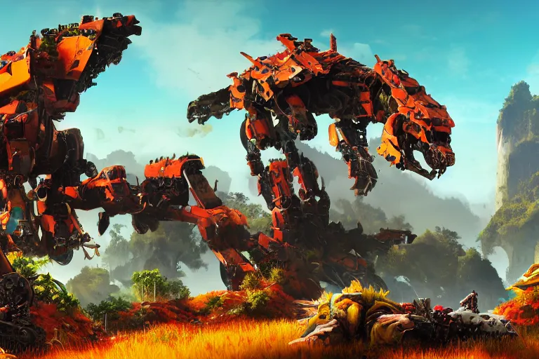 Prompt: behemoth machine mecha animal beast robot made of mango, strawberry, kiwi fruits of horizon forbidden west horizon zero dawn bioluminiscence global illumination ray tracing hdr fanart arstation by sung choi and eric pfeiffer and gabriel garza and casper konefal