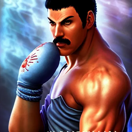 Image similar to freddy mercury as ryu street fighter, portrait, ultra realistic, concept art, intricate details, highly detailed, photorealistic, octane render, 8 k, unreal engine, art by frank frazetta, simon bisley, brom