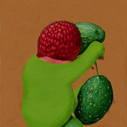 Image similar to a smiling avocado and a happy raspberry hugging, watching the world burn with fire, done in the style of old botanical illustrations, matisse, caravaggio, basquiat, japanese art, 4 k