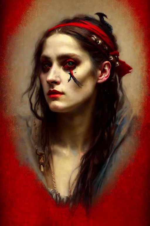 Prompt: solomon joseph solomon and richard schmid and jeremy lipking victorian genre painting full length portrait painting of a young beautiful woman traditional punk rock german french actress model pirate wench in fantasy costume, red background