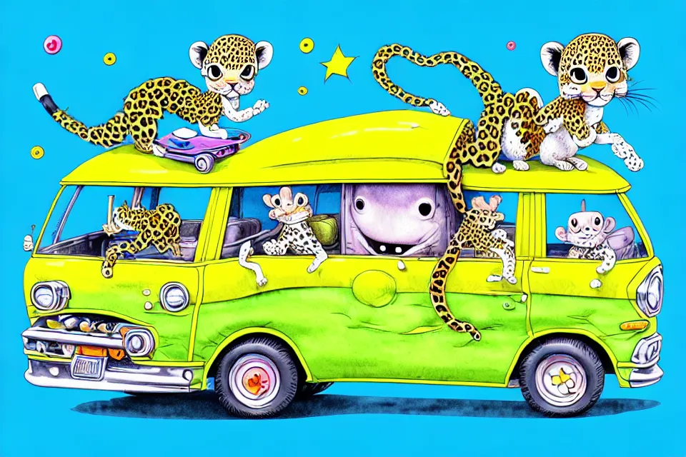 Image similar to cute and funny, baby leopard wearing a helmet riding in a mystery machine van, ratfink style by ed roth, centered award winning watercolor pen illustration, isometric illustration by chihiro iwasaki, edited by range murata, tiny details by artgerm and watercolor girl, symmetrically isometrically centered, sharply focused