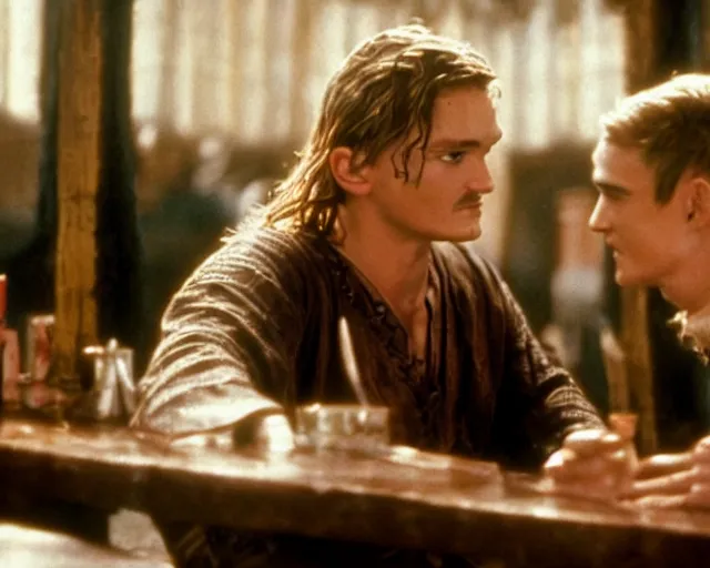 Prompt: Will Turner and Legolas drinking cola in the pub, film still, high detail
