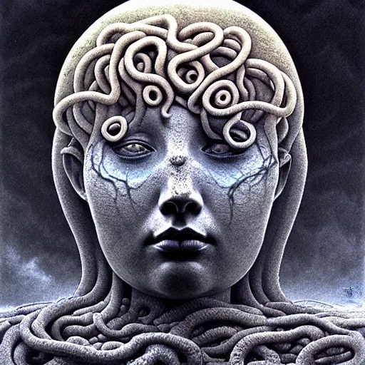 Image similar to depressive medusa, beautiful face, crying blue gigantic tears, tubular creature, blood vessels, no face, dystopian surrealism, art style alex ries giger zdzisław beksinski, symmetry accurate features, stone marble, defined, sharp, very intricate details, high resolution, high quality