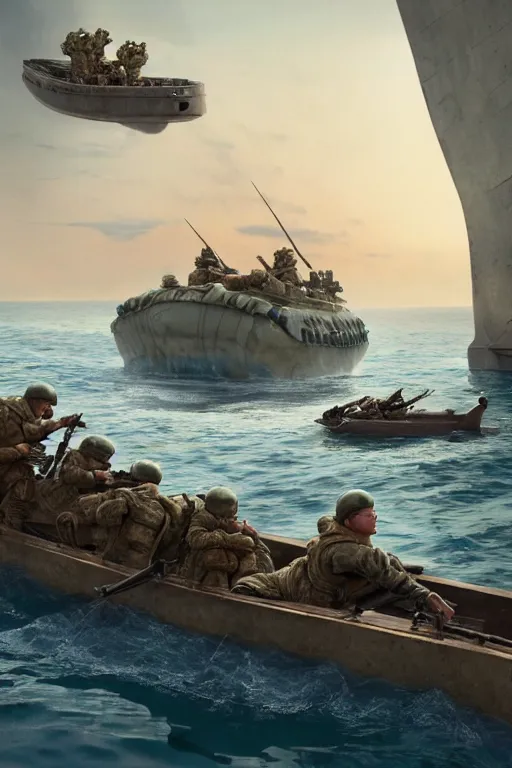 Image similar to pixar soldiers aiming at a walrus sleeping on a boat | glamorous oily soft polished rich ornate modern | weta disney pixar movie still photo | hi - fructose, sci fi fantasy, smooth, octane render, sharp focus, artstation, concept art | artgerm, mucha, rutkowski, feng zhu, wlop, loish