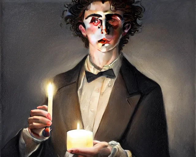 Prompt: a mind - blowing portrait of fortune seeker timothee chalamet, holding a candle holder, wearing dark maritime clothing, long night cap, deep focus, d & d, fantasy, intricate, elegant, highly detailed, digital painting, artstation, concept art, matte, sharp, illustration, hearthstone, art by artgerm and greg rutkowski and alphonse mucha