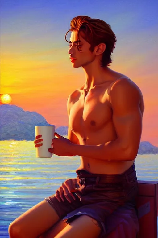 Image similar to attractive man drinking coffee, sunset, painting by jean giraud, vladimir volegov, ross tran, tom of finland, trending on artstation