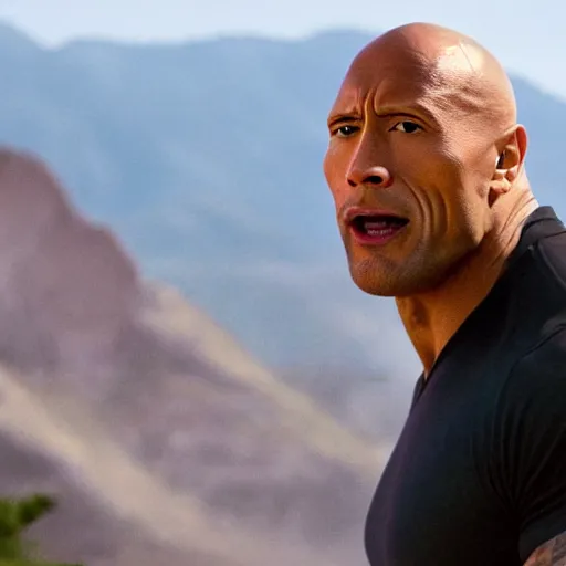 Image similar to real life photo of dwayne the rock johnson in front of a mountain