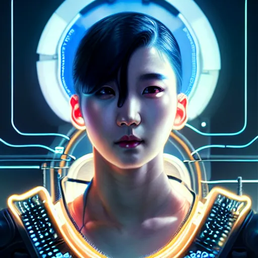 Image similar to portrait painting of a cyberpunk technician sunmi kpop, ultra realistic, concept art, intricate details, eerie, highly detailed, photorealistic, octane render, 8 k, unreal engine. art by artgerm and greg rutkowski and magali villeneuve and alphonse mucha