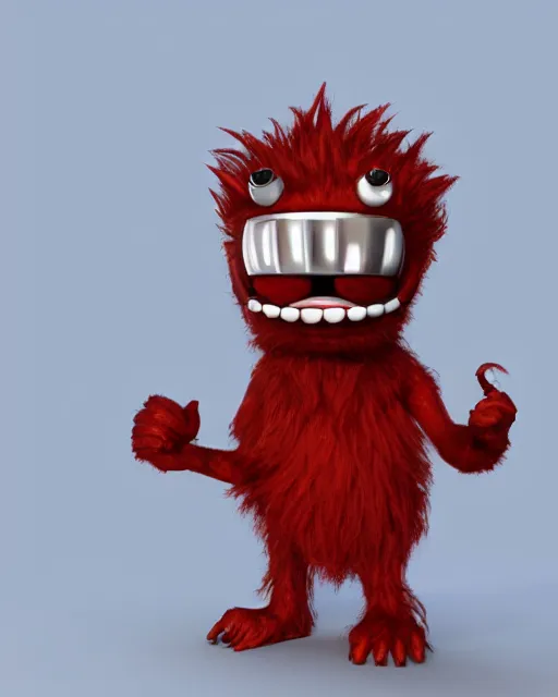 Image similar to 3 d render of completely red hairy friendly monster smiling wearing chrome shades, simple, cute, cartoony, white background, unreal engine 5 hdr