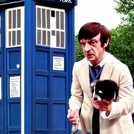 Prompt: The Second Doctor stepping out of the Tardis with his companion Polly, colourised, high definition