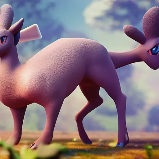 Image similar to a air type pokemon resembling a deer, deer air pokemon, skin reflexion zbrushcentral matcap :: by beeple by Raffaello Sanzi and Chao Teng Zhao :: centered,pixar and dreamwork artstation, smooth, sharp focus, octane render, 3d rim light