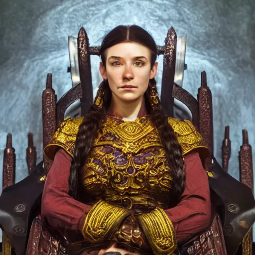 Image similar to the elder scrolls vi, charismatic regal black haired female jarl, portrait, exquisitely designed throne room, atmospheric lighting, painted, intricate, volumetric lighting, beautiful, daytime, slightly sunny weather, sharp focus, deep colours, ultra detailed, golden hour by leesha hannigan, ross tran, thierry doizon, kai carpenter, ignacio fernandez rios