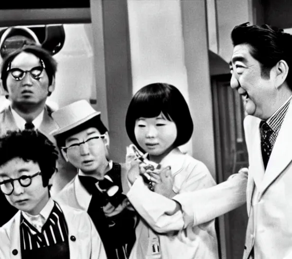 Image similar to a film still of shinzo abe in willy wonka's chocolate factory 1 9 7 3