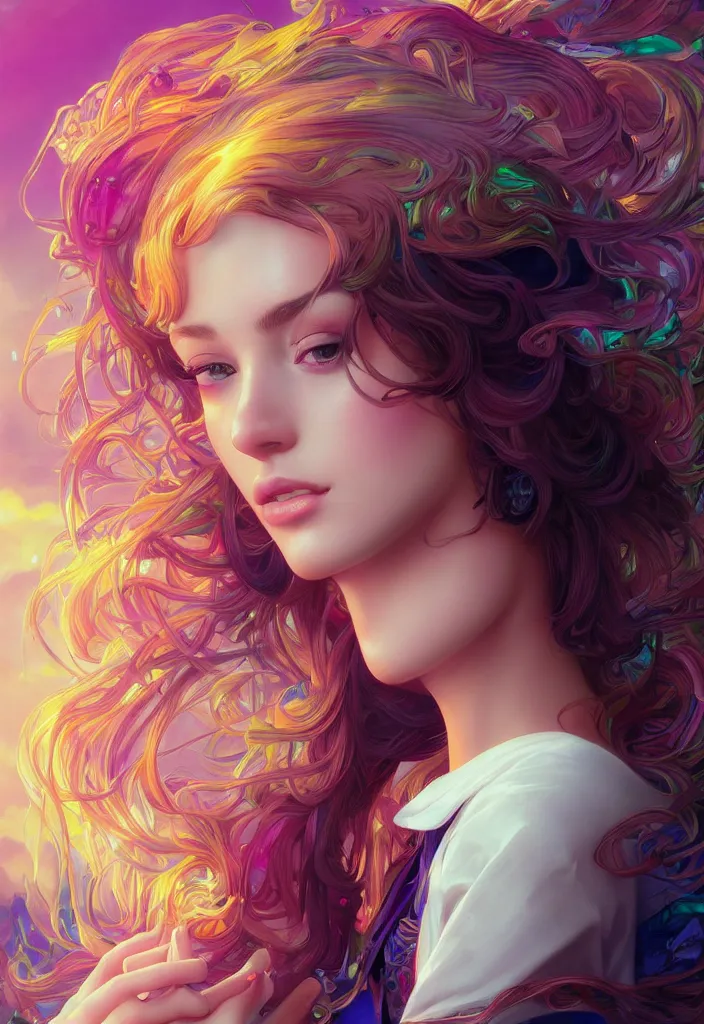 Image similar to beautiful, young woman, detailed gorgeous face, vaporwave aesthetic, synthwave, colorful, psychedelic, artstation, concept art, smooth, extremely sharp detail, finely tuned detail, ultra high definition, 8 k, unreal engine 5, ultra sharp focus, illustration, art by artgerm, greg rutkowski and alphonse mucha