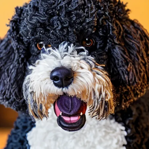 Image similar to a closeup photorealistic photograph of a cute smiling knitted bernedoodle judge dog dressed in a black gown, presiding over the courthouse. indoors, professional capture, well lit shot. this 4 k hd image is trending on artstation, featured on behance, well - rendered, extra crisp, features intricate detail, epic composition and the style of unreal engine.