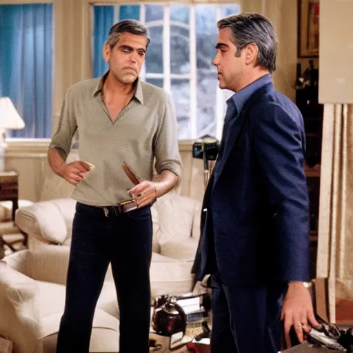 Prompt: George Clooney showing white blueprint to friends, movie scene, cinematic, highly detailed, sharp detail