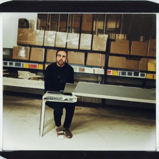 Image similar to a polaroid photo of man using a laptop inside in warehouse, he sitting on chair and small table, photo from behind