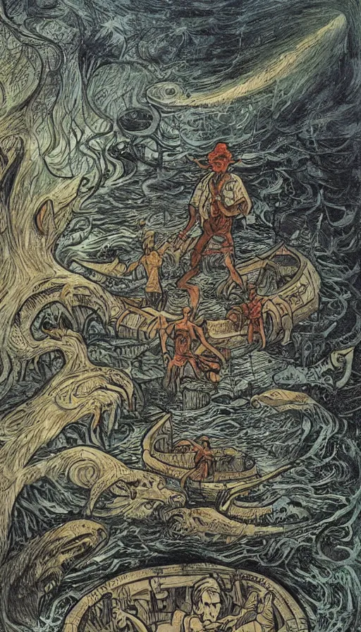 Prompt: man on boat crossing a body of water in hell with creatures in the water, sea of souls, by raymond briggs