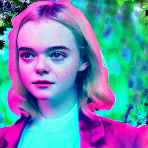 Image similar to Elle Fanning in a garden, VHS glitch art, neon like art