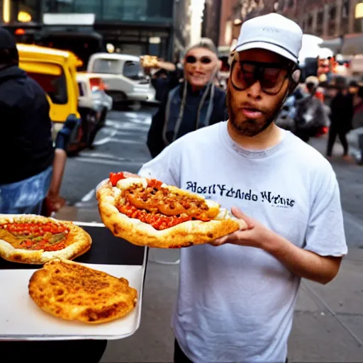 Prompt: Picture from NYTimes new trend in NYC - hot dog vendors selling deep fried pizza