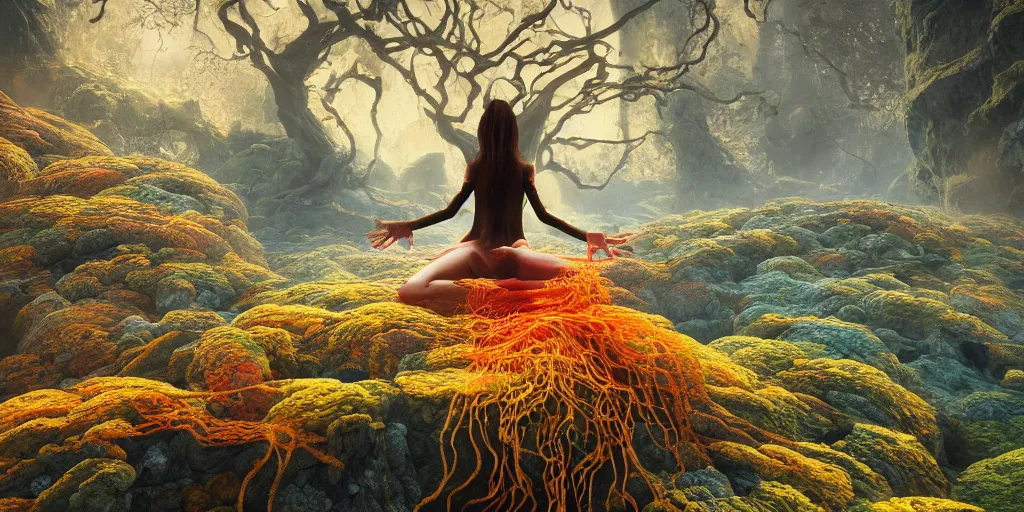 Prompt: Photorealistic intricate detailed picture of a levitating floating woman made from colorful fungus tendrils, with arms outstretched. a gentle rising mist, an epic rocky landscape. occult photorealism, UHD, amazing depth, glowing, golden ratio, 3D octane cycle unreal engine 5, volumetric lighting, cinematic lighting, cgstation artstation concept art