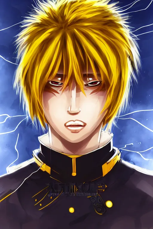 Image similar to glowing black male anime character, short golden hair, yellow eyes, symmetrical, highly detailed, digital art, sharp focus, trending on art station, samurai, electricity superpowers, anime art style