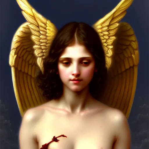 Image similar to Winged girl angel, face, fantasy, intricate, elegant, highly detailed, digital painting, artstation, concept art, smooth, sharp focus, illustration, art by John Collier and Jean-Leon Gerome and William Bouguereau and Albert Aublet