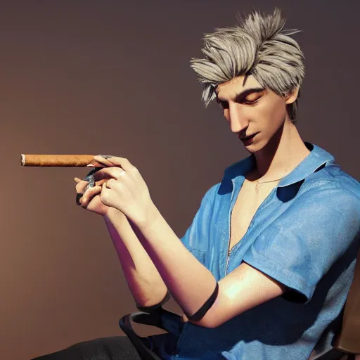 Image similar to a high quality photo of xqc smoking a cigar, 3d scene, render, ultra realistic, artstation, cgsociety