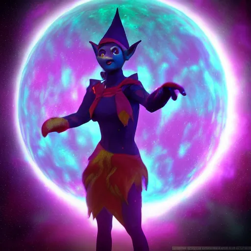 Image similar to a mischievous elf with violet skin reflecting a laser light, a scarred face, chuckling, with a nebula behind them, in the style of gary frank and rafael albuqurque, rendered in unreal engine