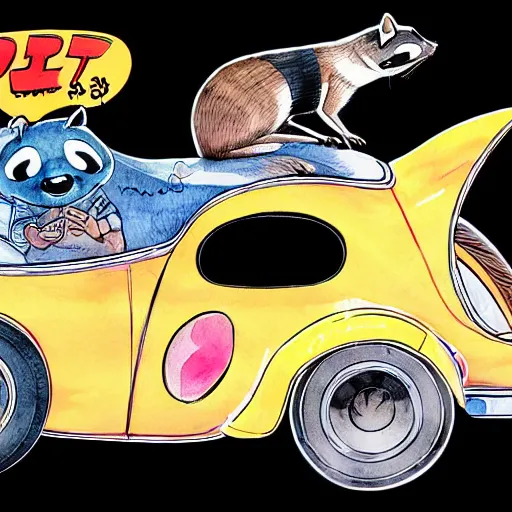 Prompt: racoon riding in a tiny hot rod coupe with oversized engine, ratfink style by ed roth, centered award winning watercolor pen illustration, bright and vivid, by chihiro iwasaki, edited by range murata