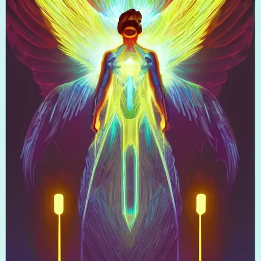 Prompt: symmetry!! concept art, art by dan mumford!!, full shot, of a male angel, smooth, glowing lights, digital painting, sharp focus, illustration