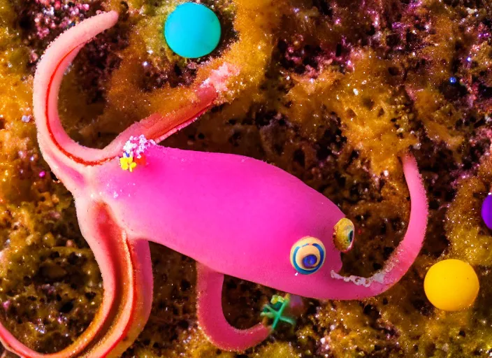 Prompt: underwater photo still of a squid with a glazed donut with rainbow sprinkles on its head, 4 k, 8 5 mm, f 1 6