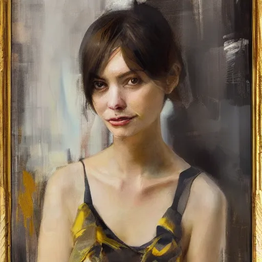 Image similar to spontaneous unfinished romantic portrait, beautiful juicy brush strokes, by Richard schmid and Sargent, trending on cgsociety, expressionism, black and gold colors only, linen canvas