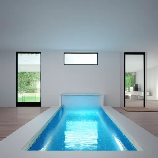 Image similar to a new swimming pool in a large white room with a door that leads to a gray room with on light on in it. dream like.