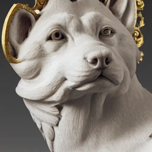 Prompt: side portrait of a shiba inu in the form of a greek sculpture in marble, with a gold crown, baroque elements in the background, museum. photorealistic. ultra detailed. flash. intricate artwork by miguel angel. octane render. cinematic. 4 k. bokeh.