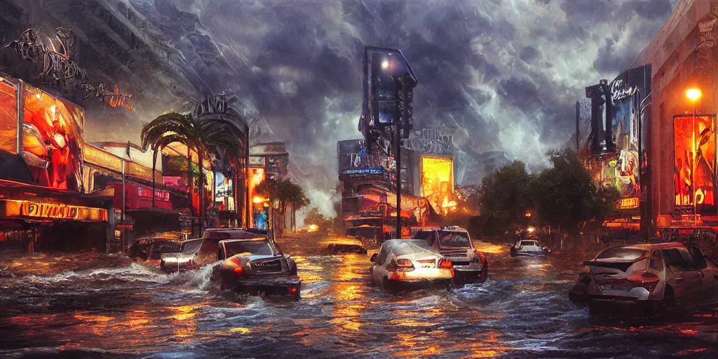 Prompt: hollywood boulevard hit by a biblical flood during a storm, dramatic lighting, beautiful, stunning landscape artwork by artgerm, rutkowski, wlop highly detailed, photorealistic