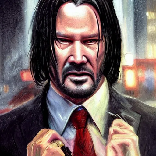 Prompt: realistic portrait beautiful painting of john wick mutate into graboid. horror, created by thomas kinkade.