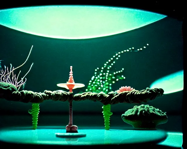 Prompt: low angle shot of a space station at night, aquatic plants, coral, shabby chic, cinematography by Jim Jarmusch, composition by Moebius, in the style of Lin Xiao, set design by Antonin Gaudí, 35mm, polaroid, color film photography, soundtrack by Pink Floyd, written by James Joyce