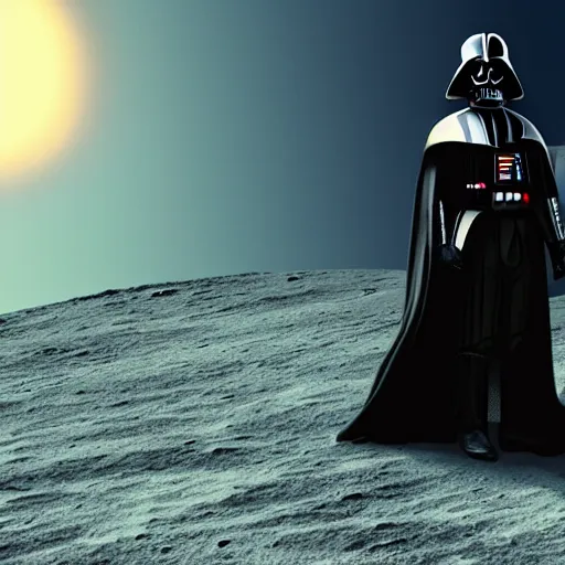 Image similar to darth vader standing on the moon looking at the sky