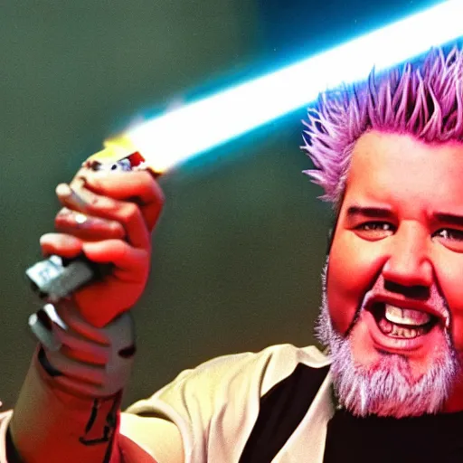 Prompt: Guy Fieri in Star Wars Revenge of the Sith, Jedi Knight, blue light saber, movie still, cinematic, cinestill 400t film, wide angle