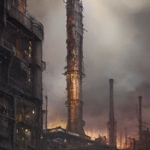 Image similar to highly detailed concept art of monumental chimney of the huge steelworks in the steampunk underground city/factory trending on Artstation by Daniel Dociu and Greg Rutkowski, high quality, dieselpunk, architecture, frostpunk, steampunk industrial area, pollution and smoke, rusty, heat and steam, ultra detailed, ultra realistic, dystopia