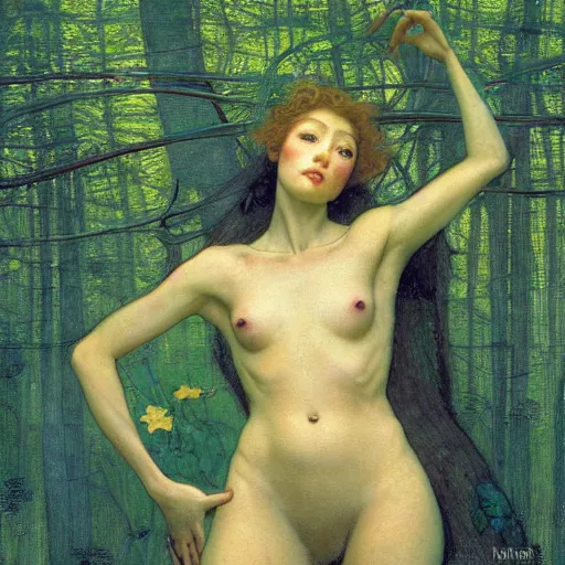 Prompt: beautiful female ant/woman hybrid with a perfect body, lounging in the Marian forest at dusk, by Edgar Maxence and Ross Tran and Michael Whelan and Gustav Klimpt
