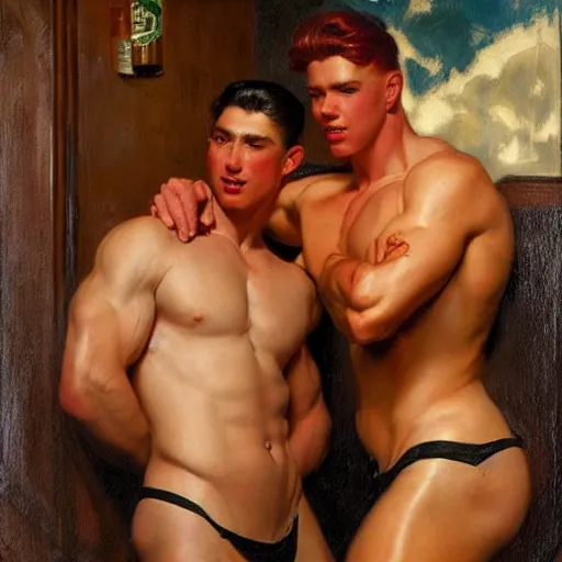 Image similar to drinking their hearts out, in a pub. attractive muscular male with red hair and attractive muscular male with black hair. pants, very defined painting by j. c. leyendecker, gaston bussiere, craig mullins 8 k