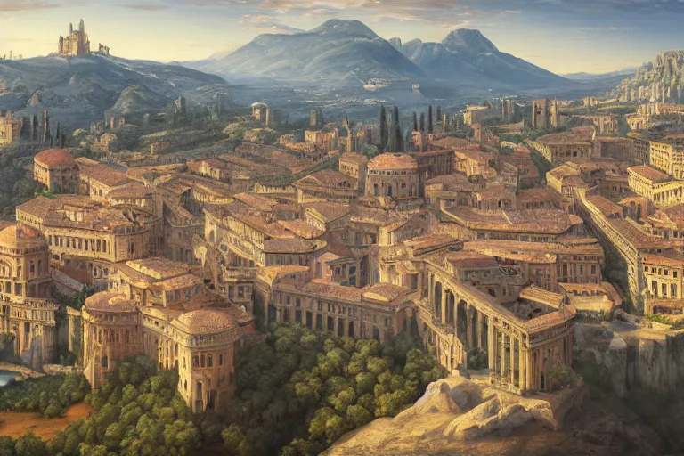 Prompt: an ultra detailed matte landscape painting of an italian renaissance capital city built on top of a large hill sweeping vista, italian renaissance architecture, ultrawide lense, aerial photography, 8 k, volumetric lighting, smooth, highly detailed, digital illustration, art by greg rutkowski and akira toriyama and artgerm